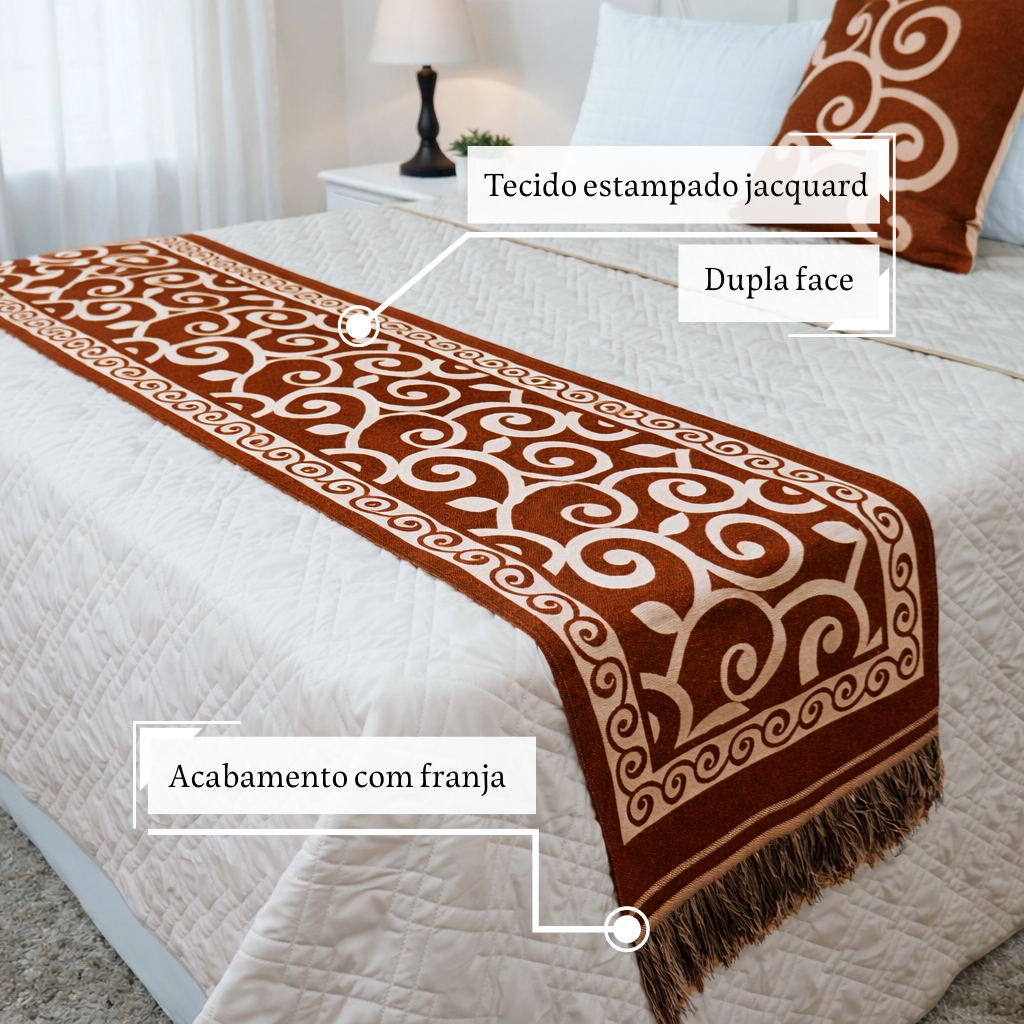Xale Peseira Decorativo Turin Com Franja Jacquard Estampado 180 Fios 2,00m X 45cm Premium