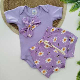 Conjunto Bebê Feminino Body Branco + Short Rosa Estampado com Faixa Look Infantil Confortável em Oferta na Shopee