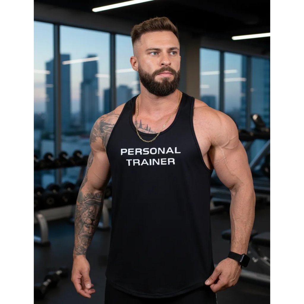 Regata Long Line Personal Trainer Masculina Professor treino uniforme academia educaçao fisica preta