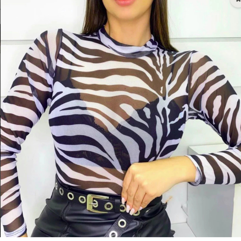 Body Tule Onça Manga Longa / Animal Print Estampa Oncinha Transparente Bori