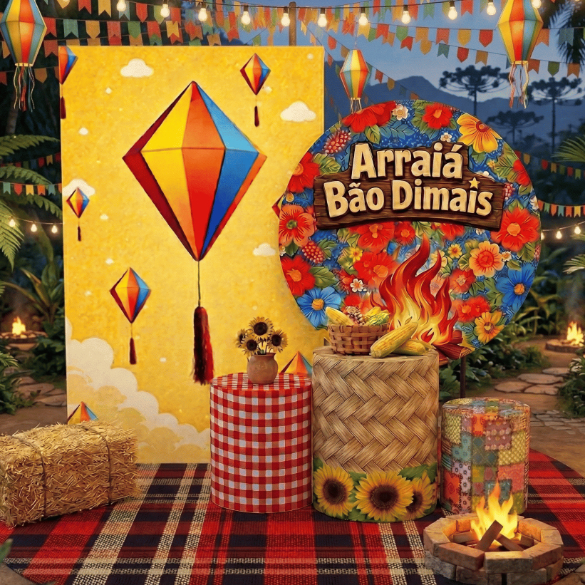 Capa Painel Redondo Arraia Bão Dimais Festa Junina + Trio Cilindro Sublimado Veste Fácil Lançamento