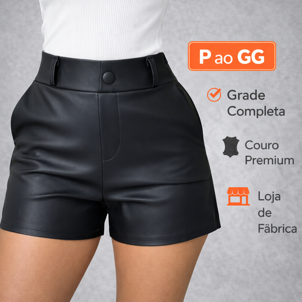 Shortinho Couro Fake Cintura Alta C Bolsos Moda Casual