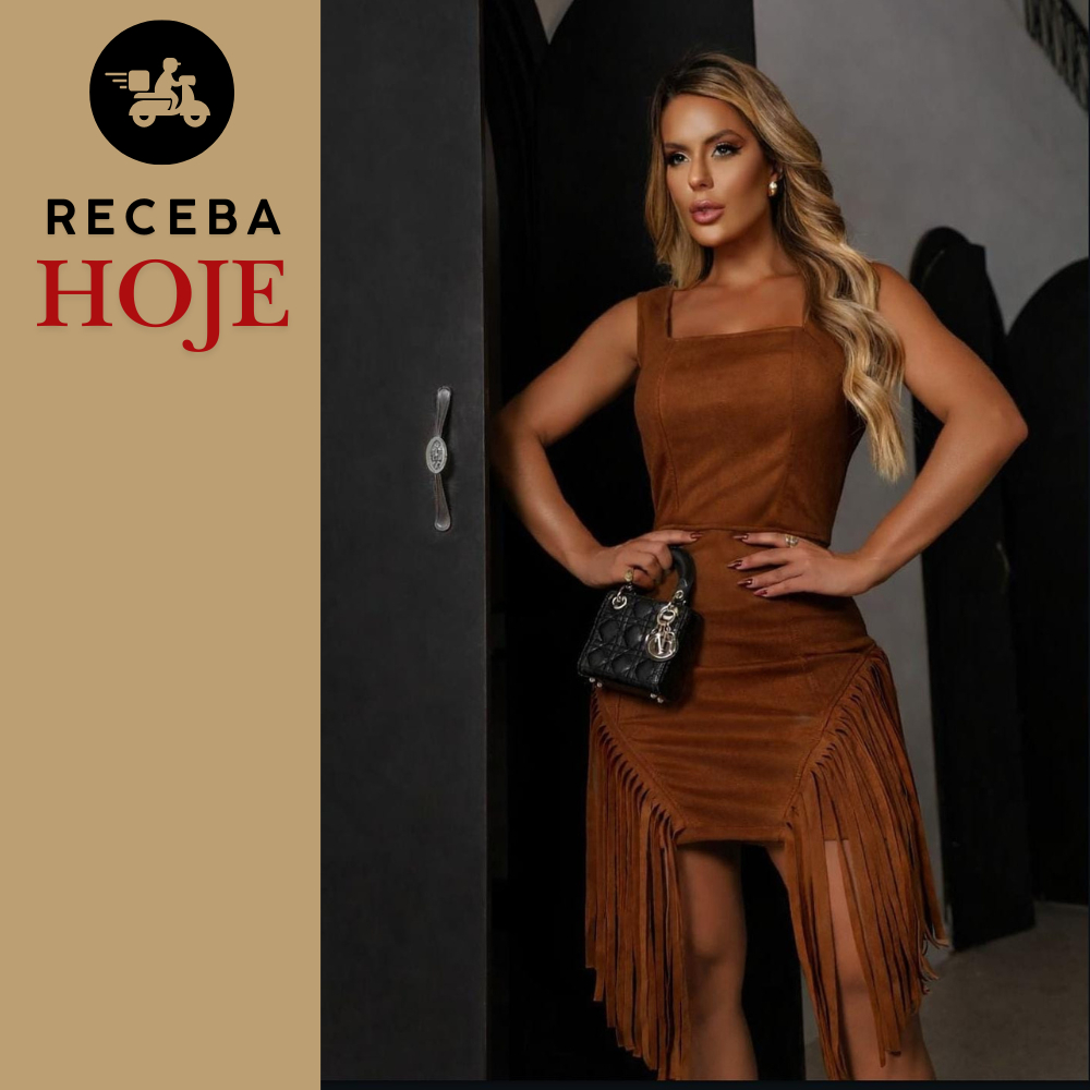 Vestido Country Feminino Com Franja Lateral Alça Grossa em Sued Rodeio Moda Boiadeira Tendência