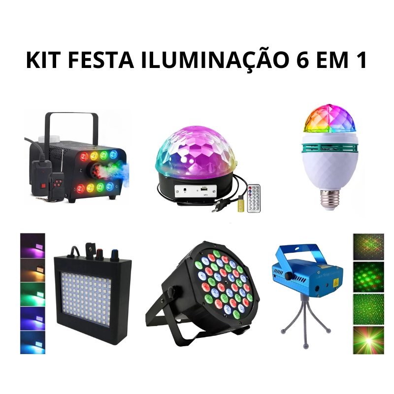 KIT Festa 6 em 1 Iluminação Led DJ Balada Strobo Branco Globo de Luz Laser Maquina de Fumaça 600W