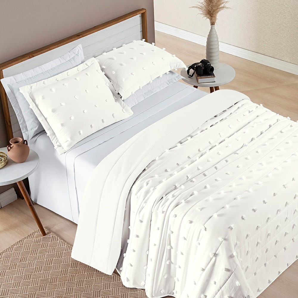 Kit Cobre Leito 3 Peças Casal\Queen\King 300 Fios Pecal Dupla Face Detalhes em 3d Pompom Poppy
