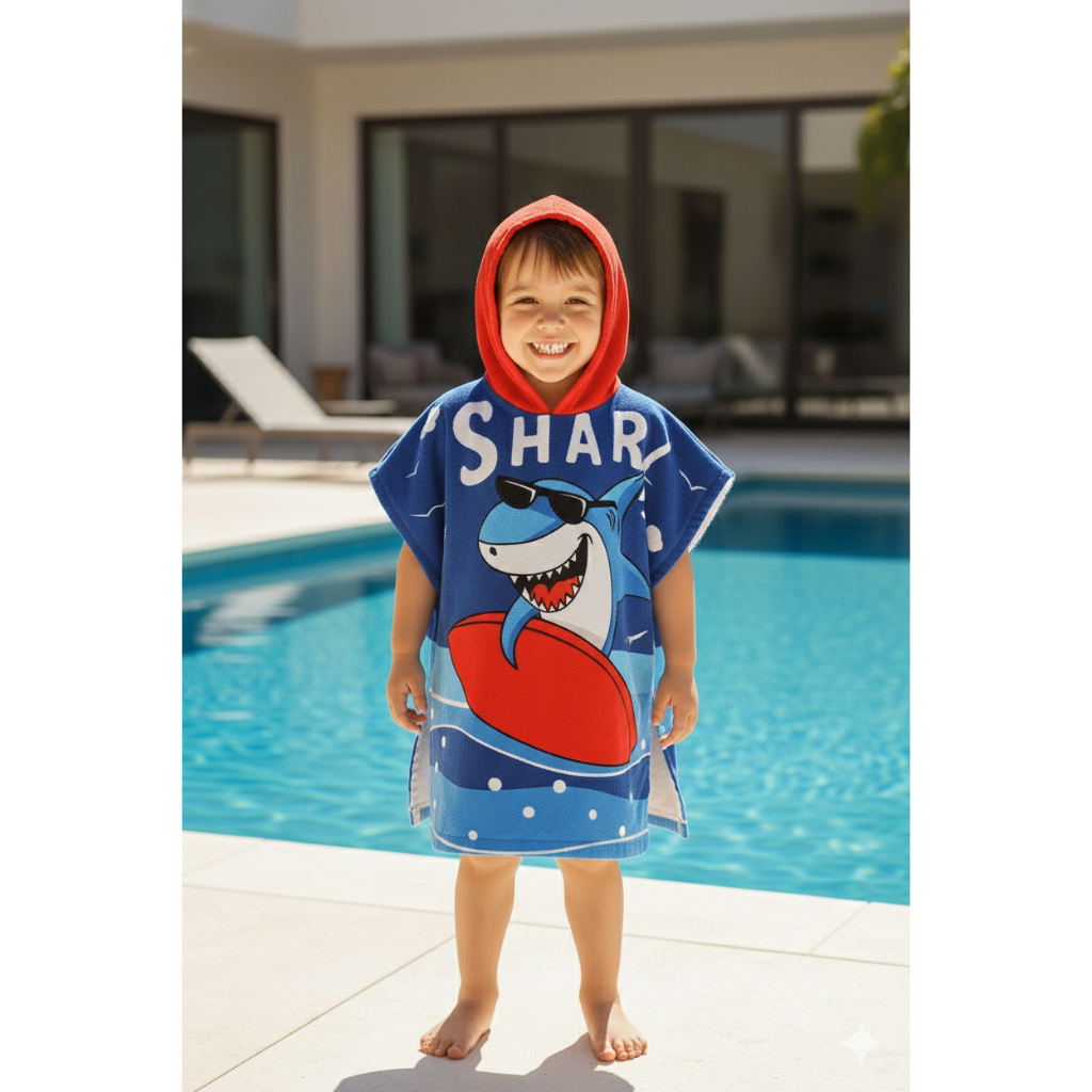 Toalha Roupão Infantil para Piscina Praia com Capuz | Poncho Menino Menina Sereia Tubarão Unicórnio