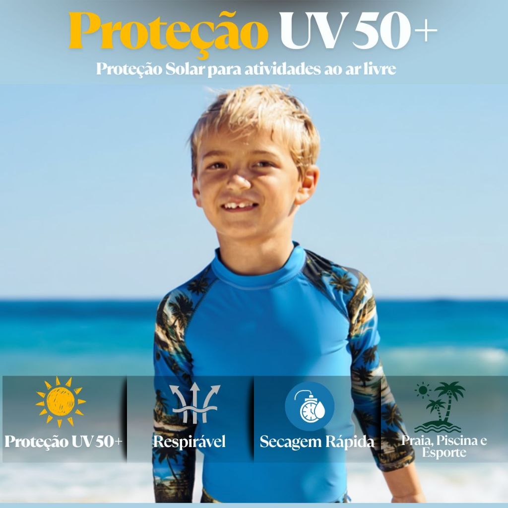 Camiseta Térmica Proteção UV Masculina Menino Esportiva Secagem Rápida Respirável Corrida Praia