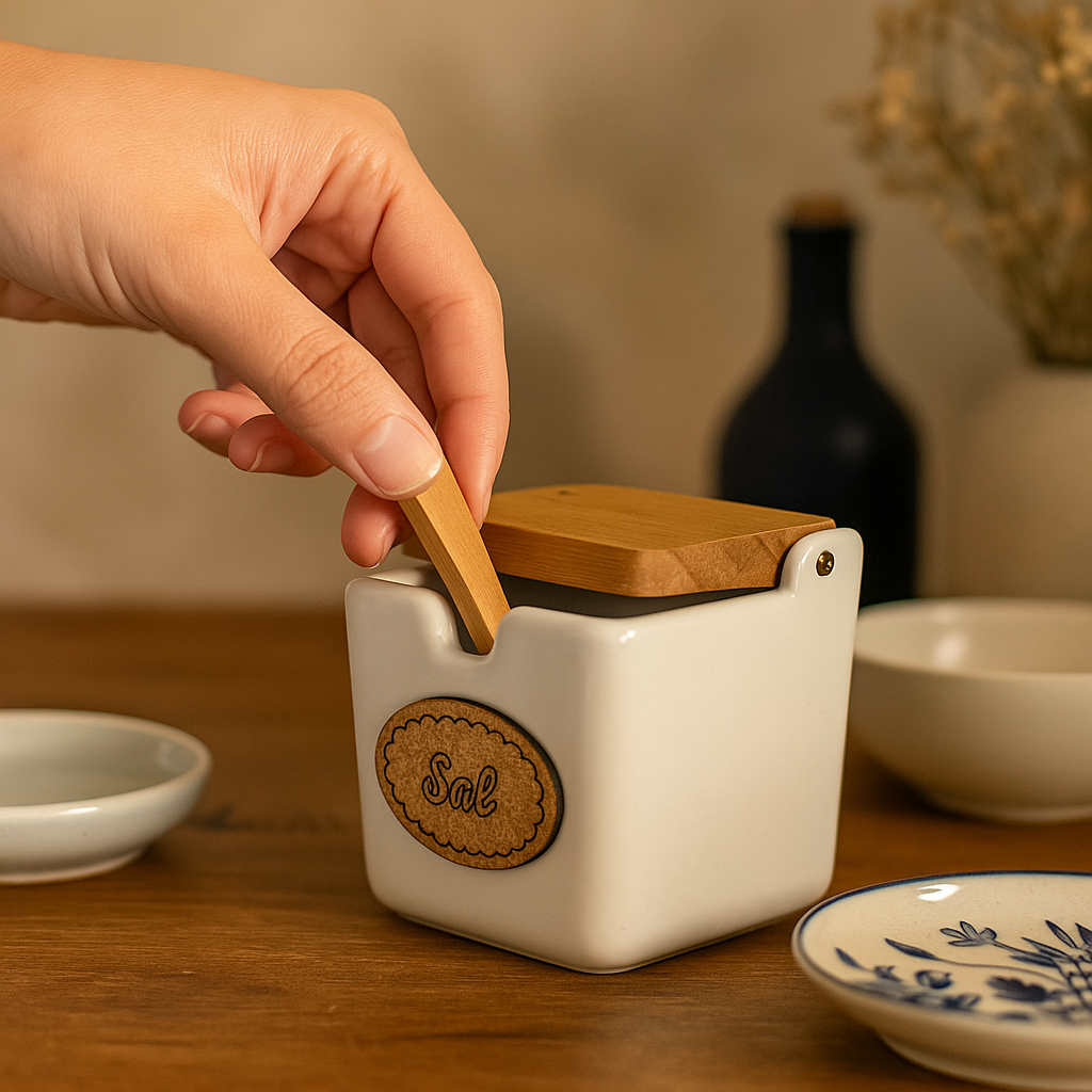 Saleiro Porcelana Branco Premium 250g com Colher Bambu Mesa Posta Cozinha Moderna Elegante em Oferta na Shopee