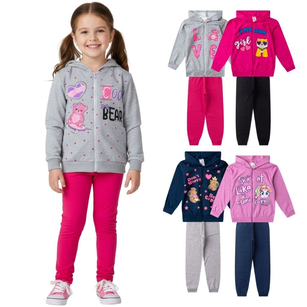 Kit Moletom Quentinho 8 peças Menina Calça e Casaco Sortido Roupa Infantil Inverno Conjunto Atacado