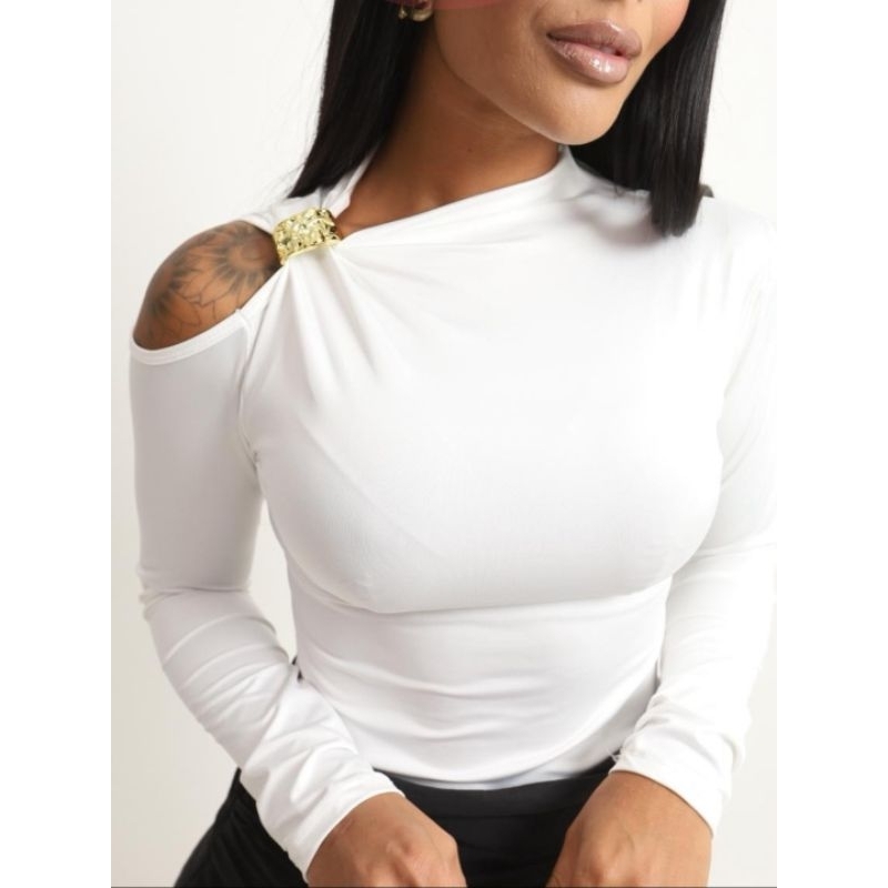 Blusa Zoe Premium Manga Longa Ombro Vazado Detalhe Dourado Suplex e Elegante Design Exclusivo e Versátil. em Oferta na Shopee