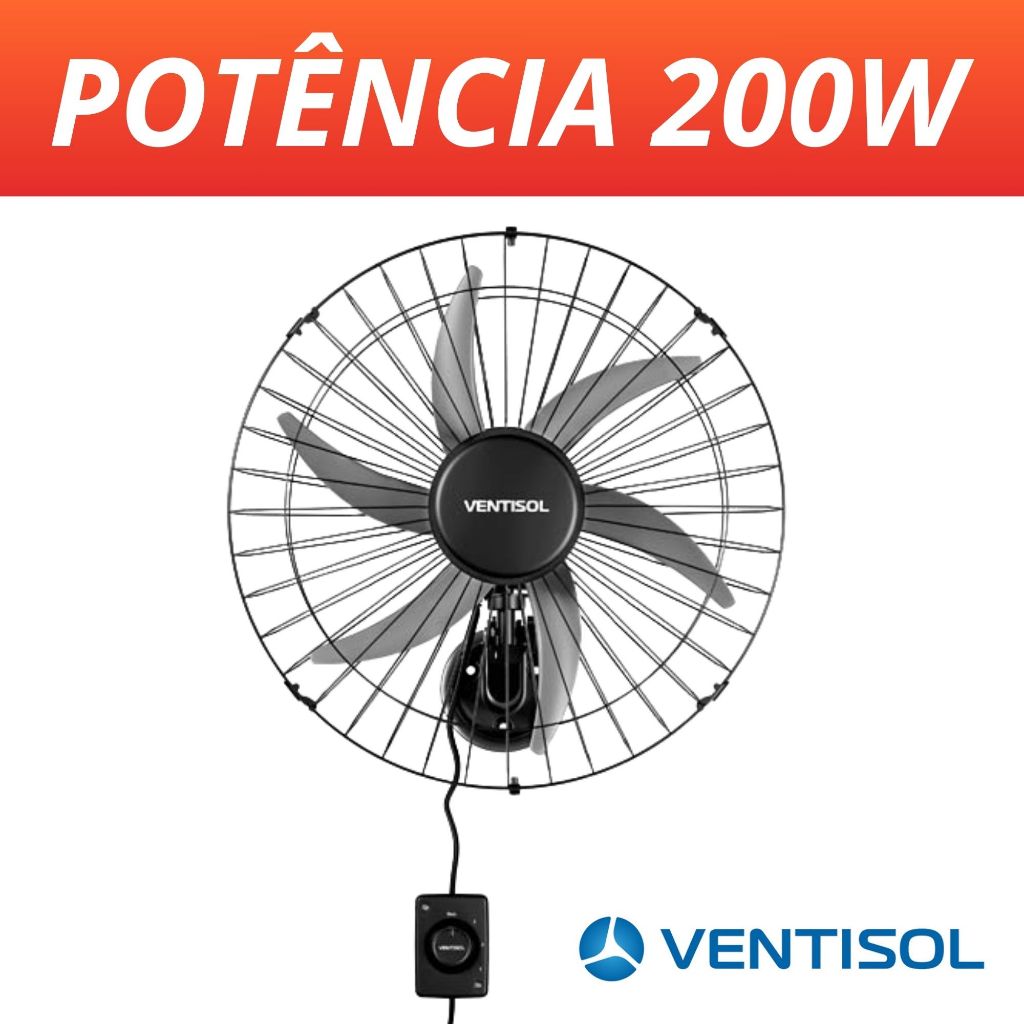 Ventilador De Parede Oscilante Preto 50cm Steel Aço 200W 6 Pás 1500rpm Ventisol 127V/220V Bivolt em Oferta na Shopee