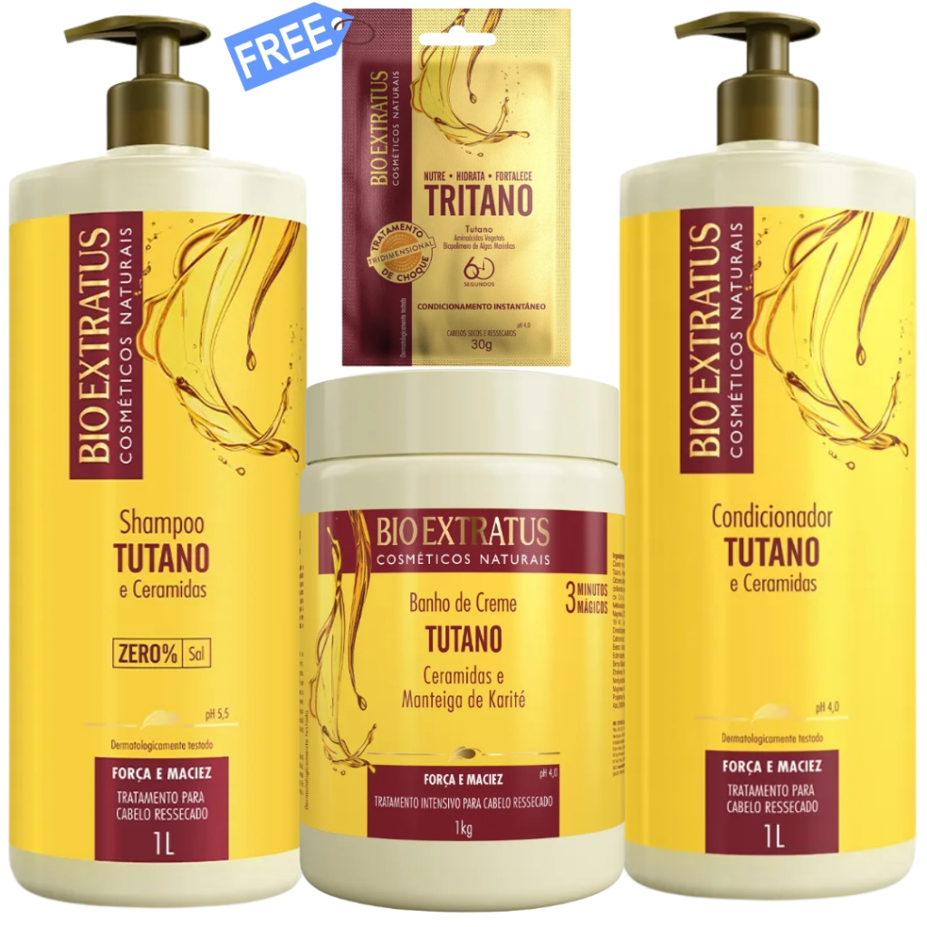 3 Produtos Tutano Bio Extratus Shampoo+Condicionador e Máscara1L/Kg+Tratamento de Choque Tritano 30g