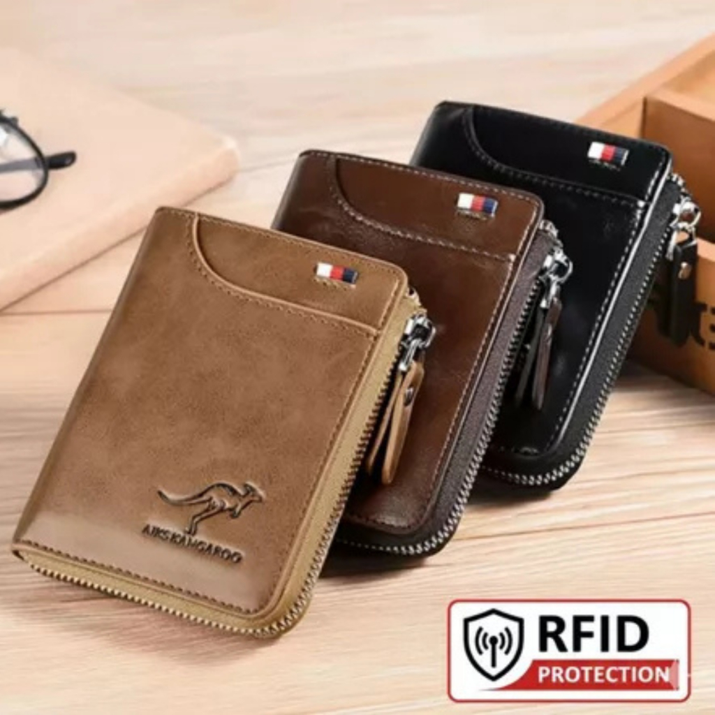 Carteira Masculina de Couro Com Zíper Luxo Proteção RFID Suporte De Cartão