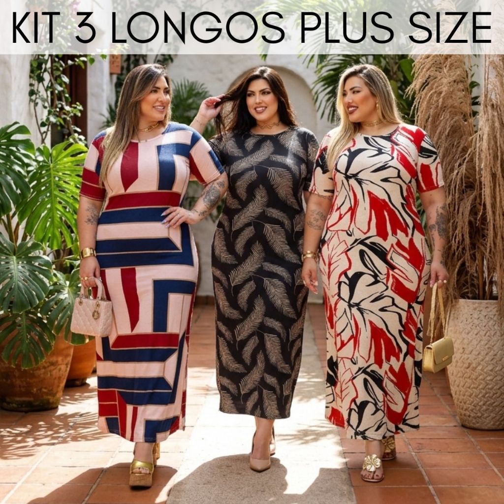 Kit 3 Vestidos Longos Plus Size Curve Festa Evangélico Social veste do 42 ao 58  Verão Feminino Sise
