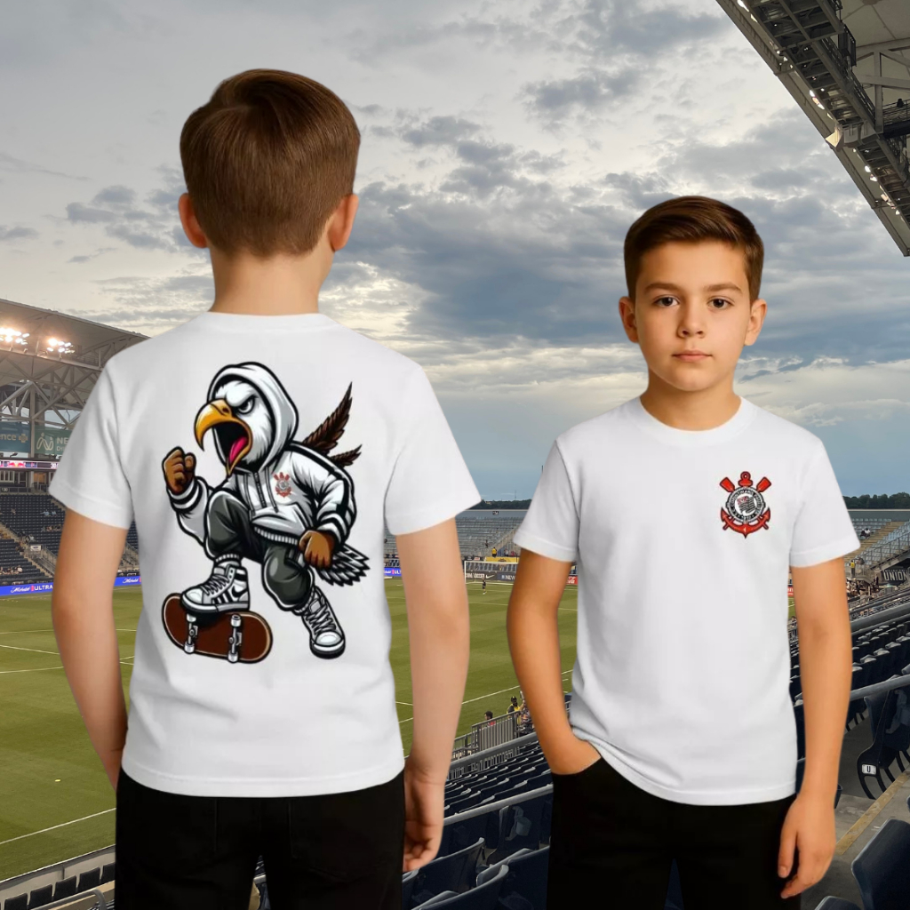 Camiseta Corinthians Algodão Estampa Gavião Costas Camisa Torcedor Preto Branco Streetwear