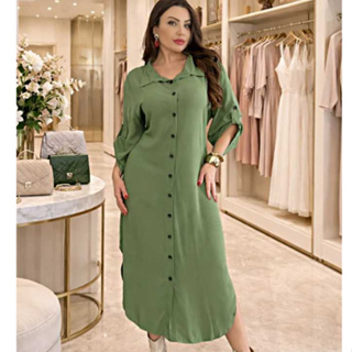 Vestido Femenino Longo, Chemise Plus Size Con Botões, Manga3/4 Ajustable, Tecido Viscolinho em Oferta na Shopee