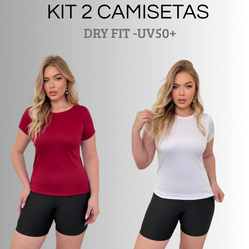 Kit 2  Camisetas Femininas Blusas Dry Fit Caminhada+Academia+Corrida Poliéster Premium Proteção UV