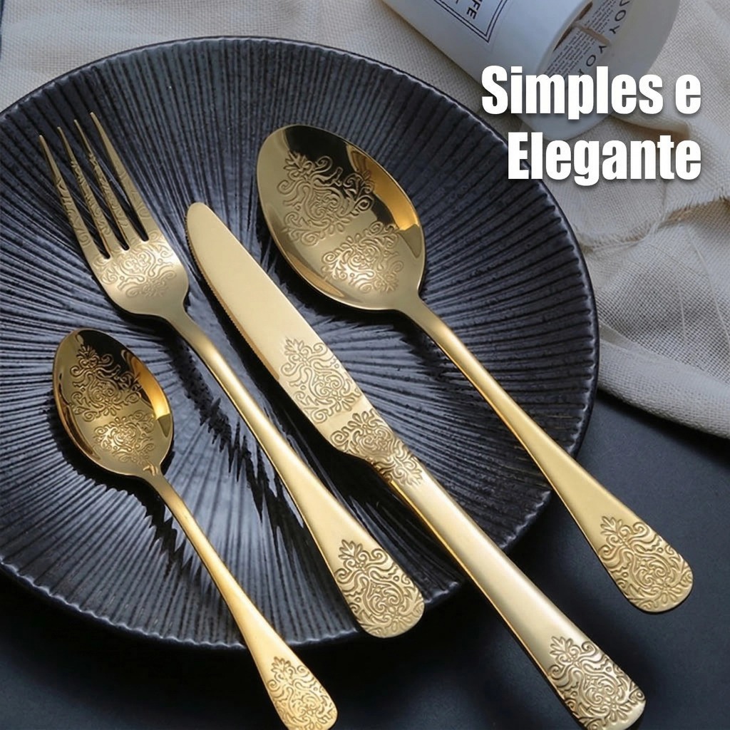 Conjunto de Talheres Dourado Luxo 24 Peças Aço Inox Premium Mesa Posta Desenhado em Oferta na Shopee