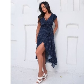 Vestido Elegante Envelope Poa Marinho em Oferta na Shopee