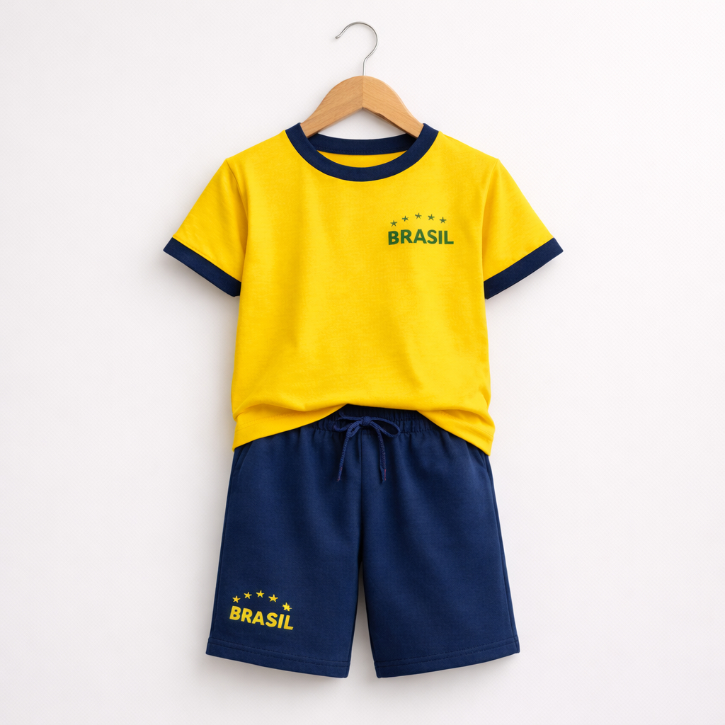 Conjunto Infantil Brasil Camiseta e Short Roupa Temática Futebol Copa 1 ao 14 Anos