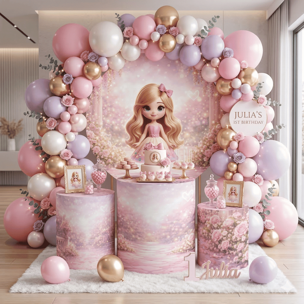 Kit Decoração Festa Princesa Cute Infantil Com Painel Redondo e Capas para Cilindros Princesinhas