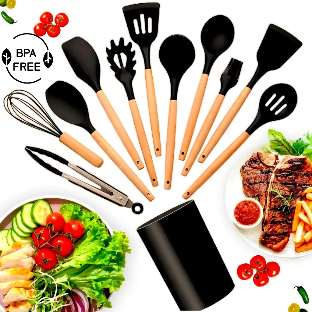 Kit Utensílios Cozinha Silicone Premium 12 Peças Cabo Bambu Madeira Escumadeira Espatula Concha Pegador Fue Espaguete