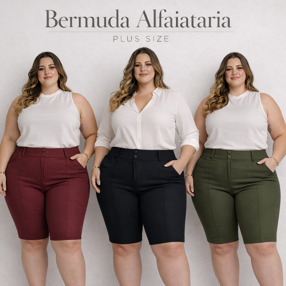 Bermuda Plus Size Com 2 Botões Social Feminina Tecido Bengaline Cintura Alta Alfaiataria 42 ao 52