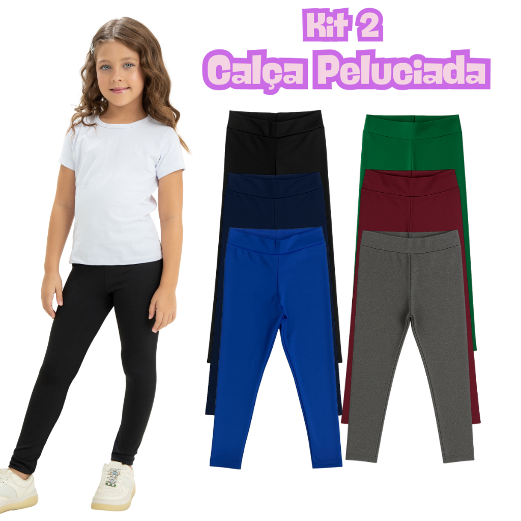 Kit 2 Calça Leg Legging Suplex Peluciada Uniforme Escolar Infantil Juvenil Menina Tamanho 1 a 16