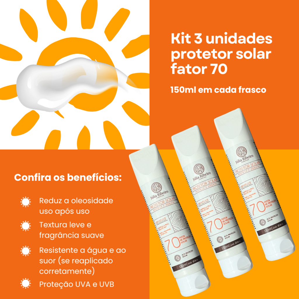 Kit 3 Protetores Solares FPS 70 – 150ml | Oil Free | Proteção UVA e UVB | Toque Seco e Rápida Absorção | Rosto e Corpo