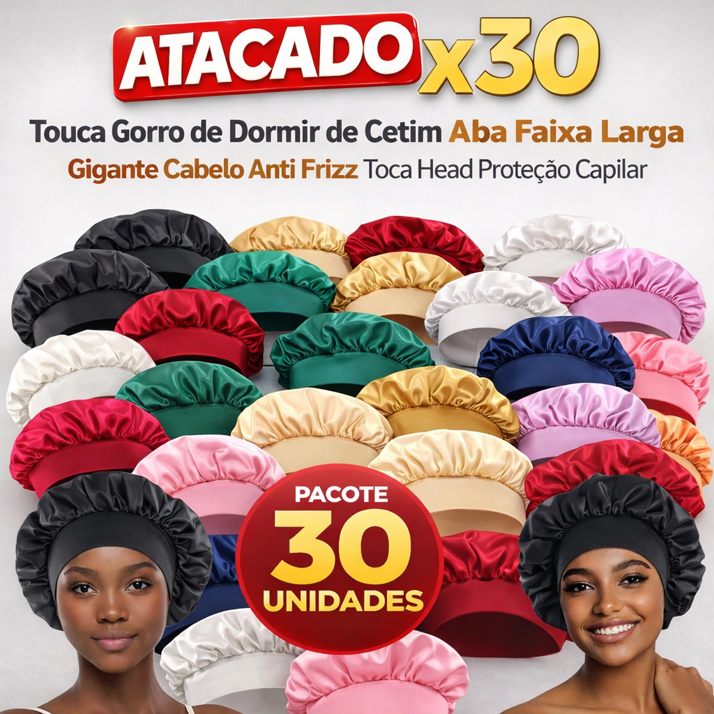 Touca de Cetim para Dormir Atacado Anti Frizz Gorro de Cetim Faixa Larga Atacado Kit 10/20/30