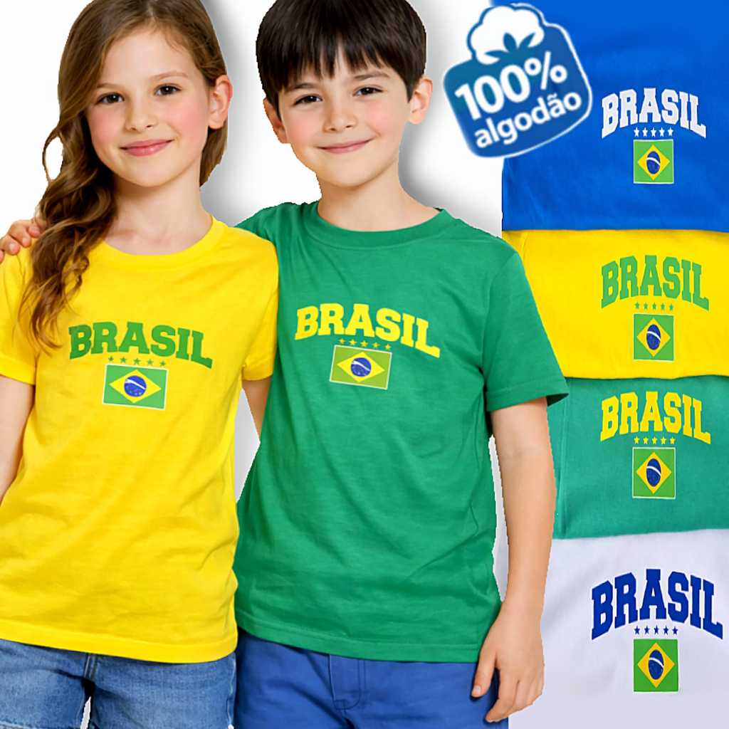 Camiseta Infantil Unissex Brasil Time Torcida Moda Casual Verão Dia a Dia Bandeira