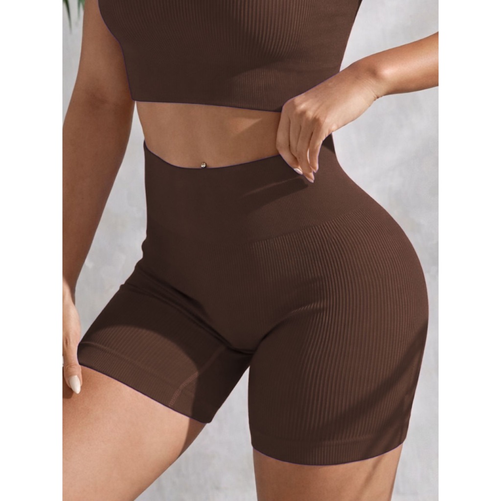 Short Calção Fitness Feminino Poliamida Canelado Cintura Alta Sem Transparência Bermuda Academia Modelador