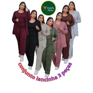 Conjunto Feminino 3 Peças Lãzinha Calça com Bolso e Elástico + Casaco + Regata Tecido Confortável do M ao G3 ✨ em Oferta na Shopee