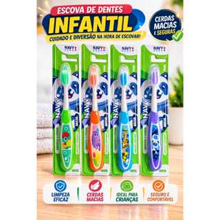 kit econômico 4 escovas de dente infantil com protetor na ponta cerdas macias com desenhos decorativos em Oferta na Shopee