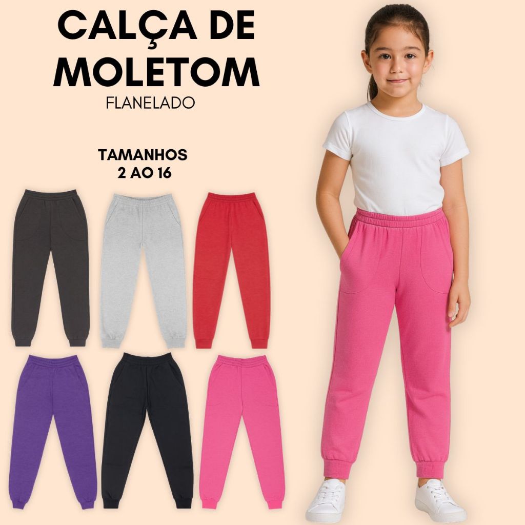 Calça Infantil Agasalho Juvenil Menina Feminina Moletom Peluciado Flanelado Com Bolso Com Punho 3106-A