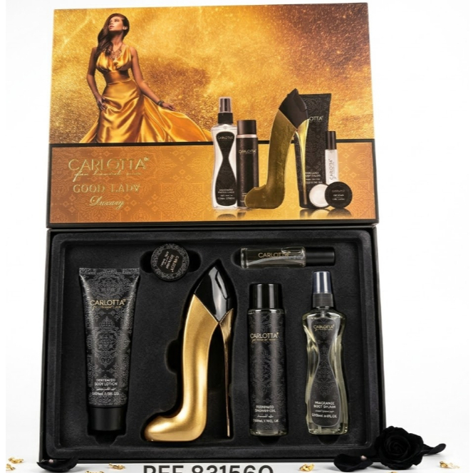 Kit Perfume Carlota Feminino Good Lady Luxury 6 Peças Inspirado em Perfume Importado Salto Alto Body Splash Hidratante