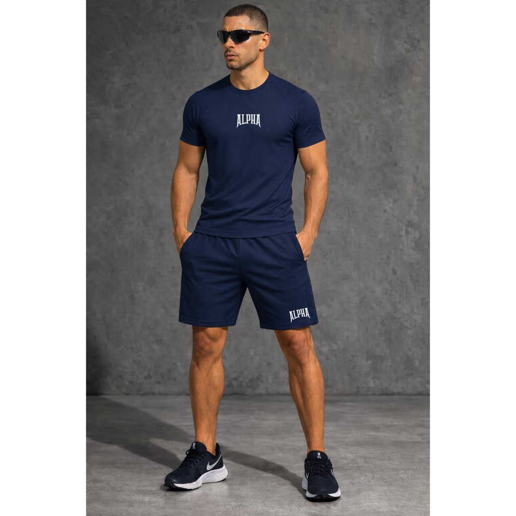 KIT Camiseta + Short Tactel Elastano Bermuda Dry Fit Masculina Alpha Co Lobo Wolf Geometrico Academia Original