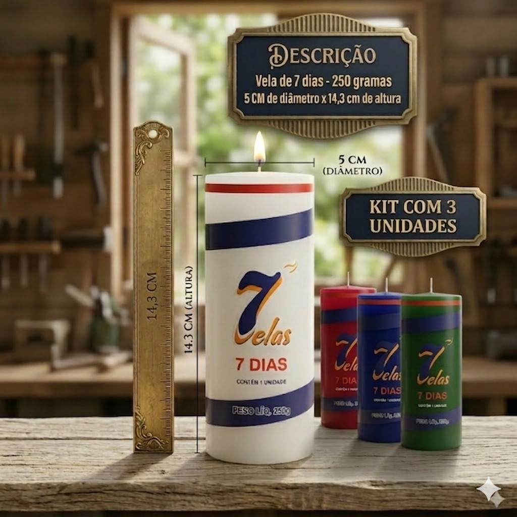 kit c/ 3 Velas de 7 dias 250 g Parafina Pura