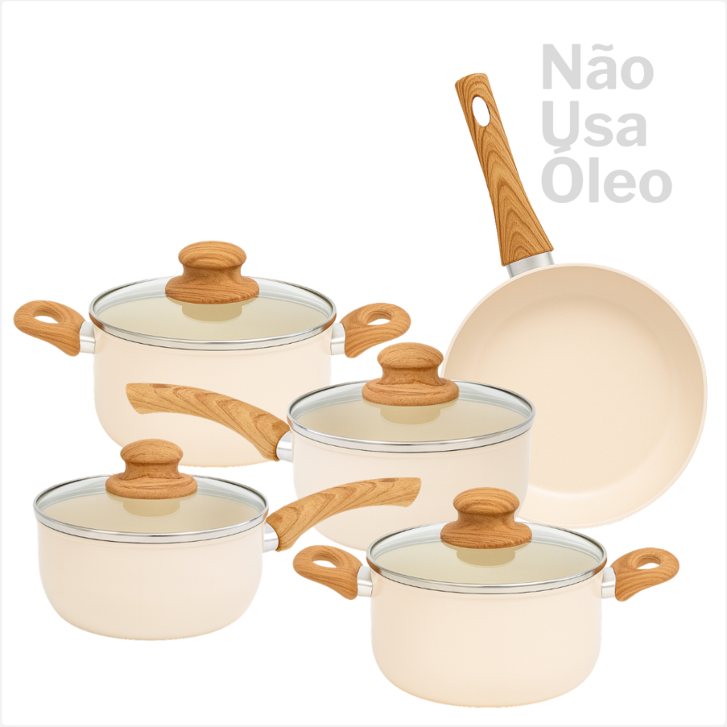 Jogo Panelas 5 Pecas Antiaderente Inducao Com Tampa De Vidro Revestimento Ceramico