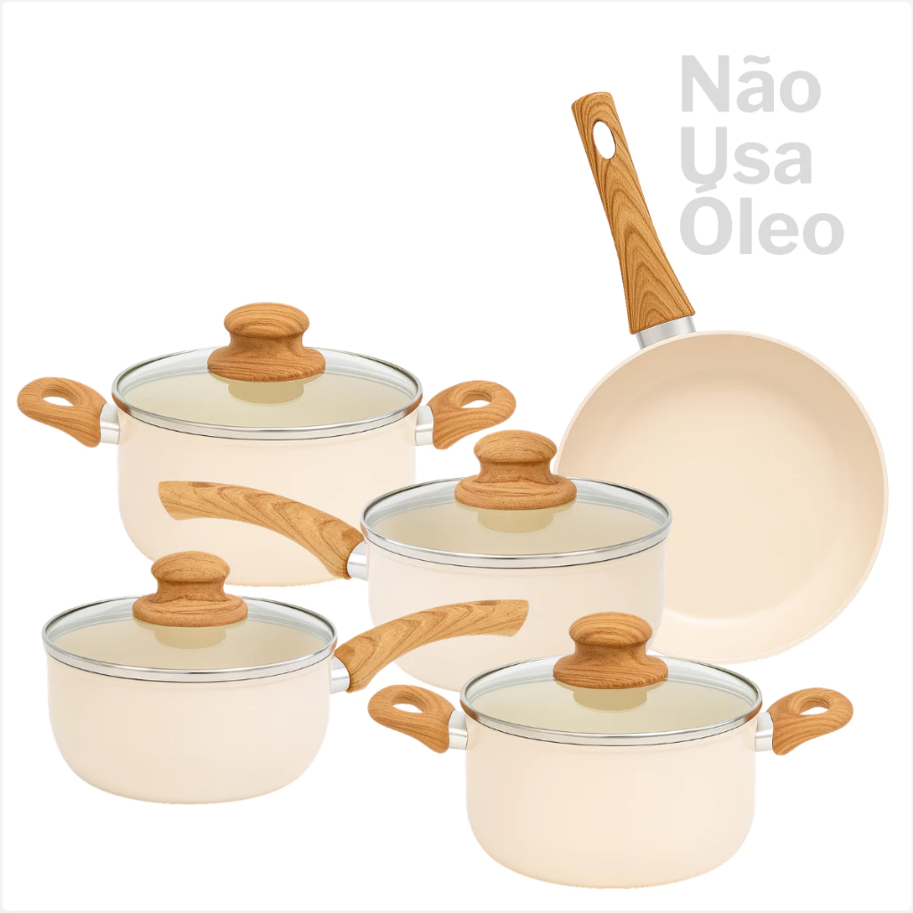 Jogo Panelas 5 Pecas Antiaderente Inducao Com Tampa De Vidro Revestimento Ceramico