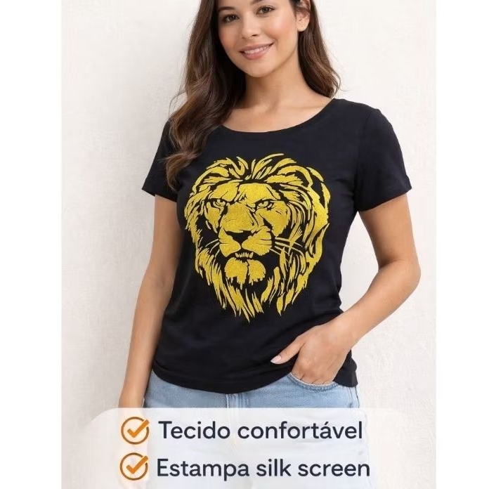Baby Look Feminina Estampa Leão Dourado Camiseta Feminina em Viscolycra T-Shirt Confortável Manga Curta