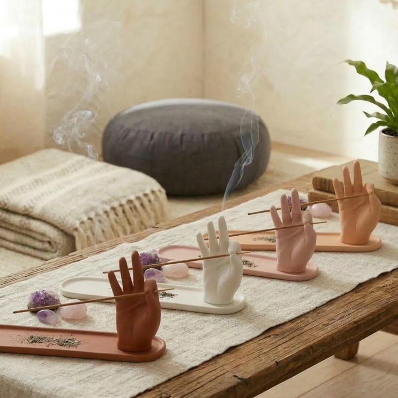 Imagem Porta Incenso Incensário Mão Decoração Zen Yoga Meditação Aromaterapia Cascata Fumaça Cores Kit