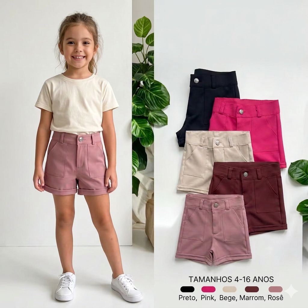 Short Alfaiataria cintura alta infantil e juvenil menina/ Social Infantil com bolso/ Tendencia