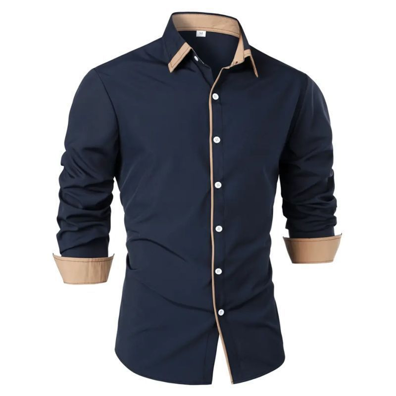Camisa Masculina de Manga Longa Casual com Detalhes Decorativos e Blocos de Cores