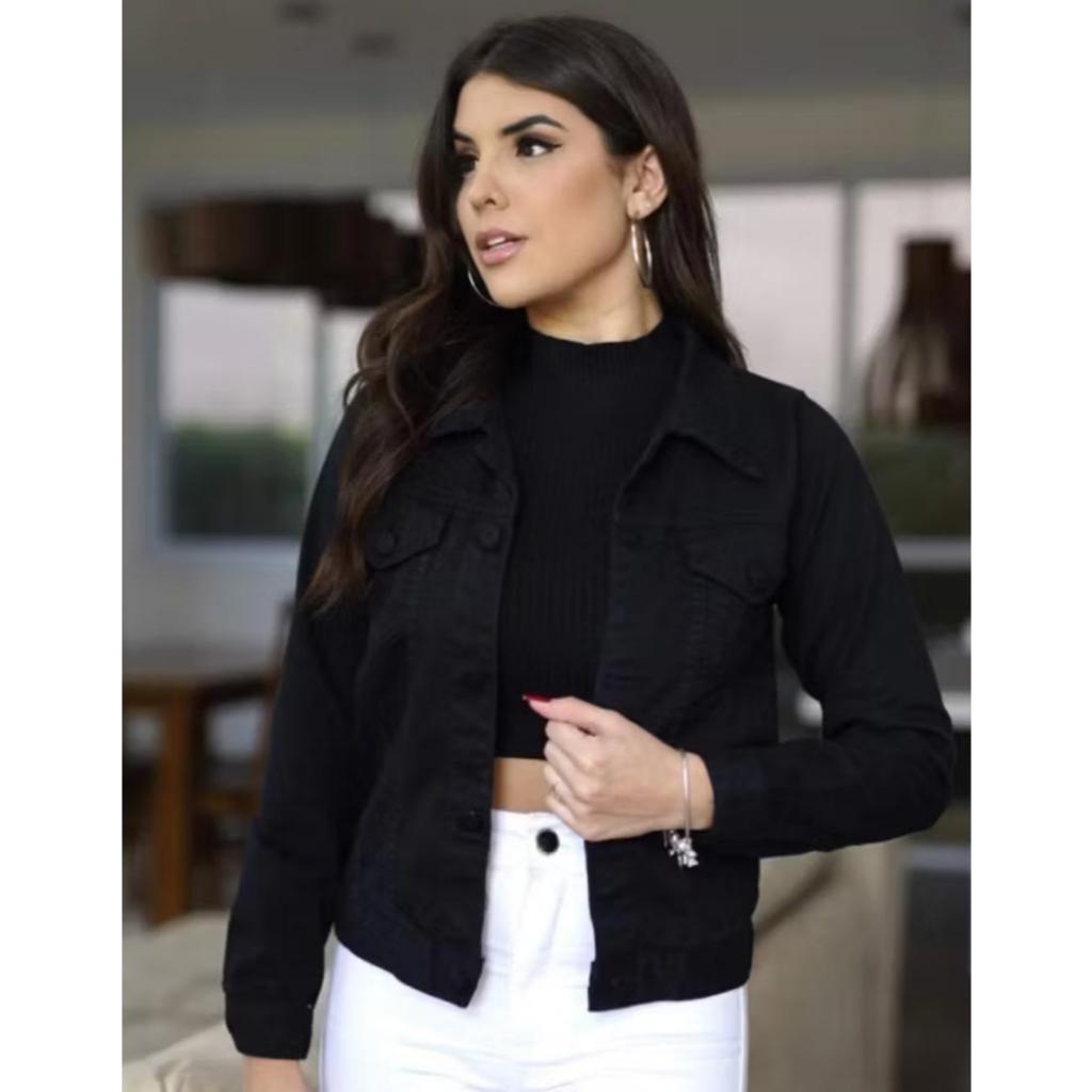Jaqueta Sarja Jeans Básica Botões Encapado Moda Feminina Tendência Da Moda Novo