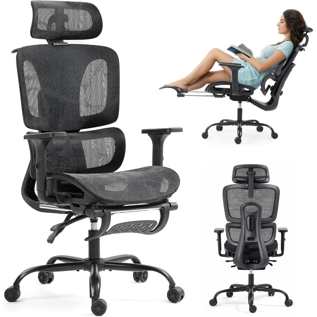 YESOP Cadeira de Escritório Ergonômica Presidente Mesh com Apoio de Pés Suporte Lombar 3D Até 150kg