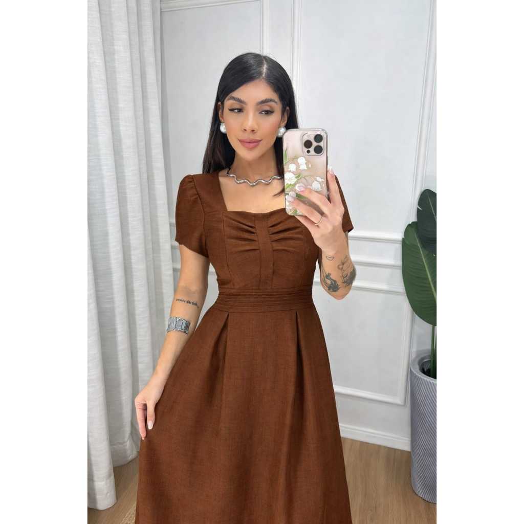 Detalhes do Vestido Midi Feminino Manga Curta  Elegante Com Lastex Nas Costas