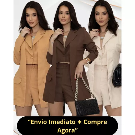 Conjunto Feminino Alfaiataria Blazer e Cropped integrado e Shorts Social Elegante Moda Executiva