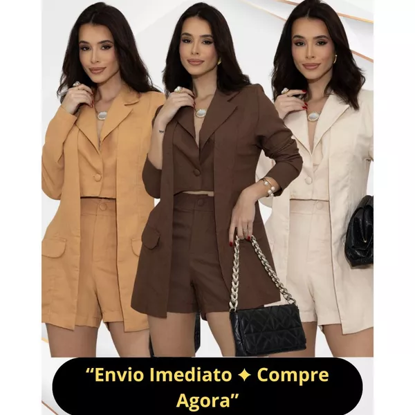 Conjunto Feminino Alfaiataria Blazer e Cropped integrado e Shorts Social Elegante Moda Executiva