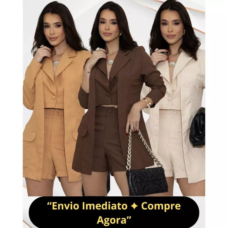 Conjunto Feminino Alfaiataria Blazer e Cropped integrado e Shorts Social Elegante Moda Executiva